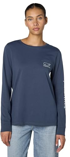 Vineyard Vines, Damen, Langärmliges Damen-T-Shirt, Vintage, Wal, Taschen-T-Shirt