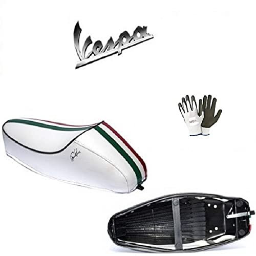 COMPATIBILE CON PIAGGIO VESPA 50 SPECIAL SELLA BIANCA DIEFFE SELLINO CON RIVESTIMENTO IN SIMILPELLE TELATA CON GOBBA E FASCIA TRICOLORE