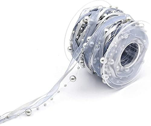 Duories 10m Perlengirlande mit Organza,8+3mm Perlenband,Geschenkband,Trendyband,Schleifenband,Dekoband Hängedeko Tischdeko Dekokette für Hochzeit Weihnachten Taufe Geburtstagsgeschenke,Grau