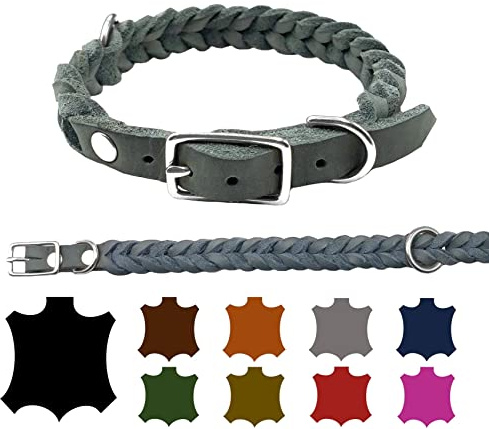 Hundehalsband Fettleder kleine Hunde/große Hunde verstellbar handgeflochten Made IN Germany (S 32cm-38cm Breite:20mm, Grau)