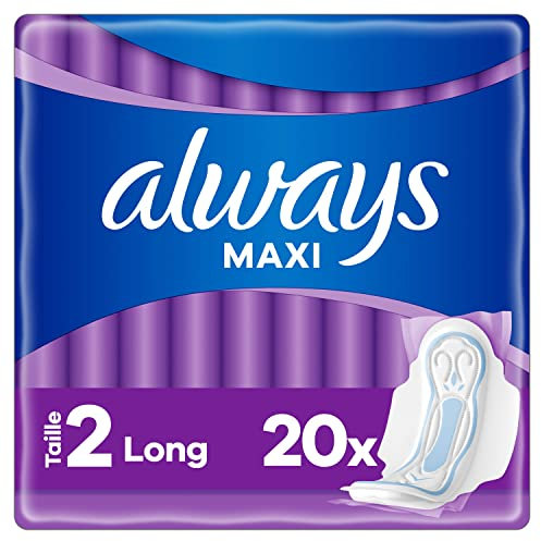 Always Maxi Serviettes Hygiéniques, Taille 2, Long, 20 Serviettes Avec Ailettes, Flux Très Abondants Jour, Cœur Ultra Absorbant et Barrières Anti-Fuites