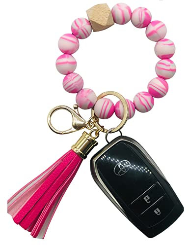 Ollyia Bright Colors Silicone Beaded Car Key Chain Key Rings Bracelet Wristlet for Women, Hot Pink, Large