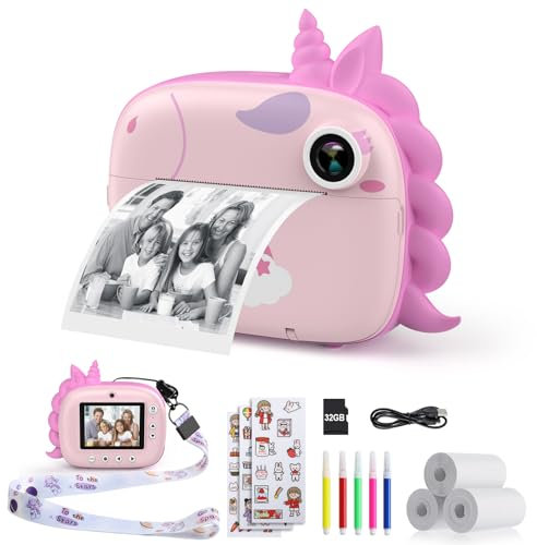 HiMont Kids Camera Instant Print, Digital Camera for Kids with No Ink Print Paper & 32G TF Card, Selfie Video Camera with Color Pens for DIY, Fun Gift for Girls Boys 3-14 Years Old (Pink)