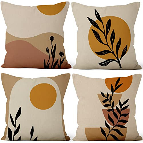Aoihrraan 46x46cm 4er Set Dekorativ Boho Kissenbezug Minimalistisch Regenbogen Sonne Berg Blatt Modern Kunst Quadratische Sofakissen Dekokissen Aus Leinen Wohnzimmer Draussen Patio Stuhl Garten Sofá