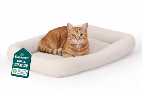 FurHaven Dog Bed for Extra Small Dogs & Cats, Bolster Crate Pad with Soft Supportive Base for Carriers & Kennels, Machine Washable, Extra Small, Sherpa Fleece, Cream