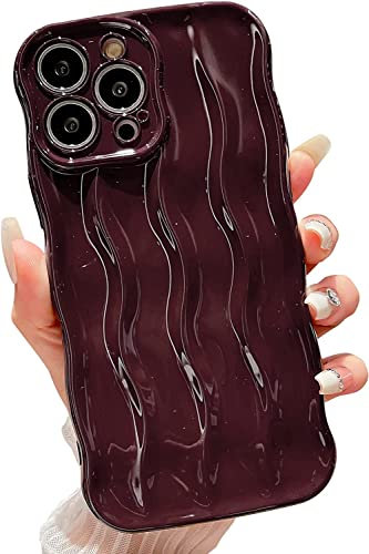 EYZUTAK 3D Water Ripple Pattern Case for iPhone 12 Pro Max 6.7 inch, Solid Color Cute Curly Waves Frame Shape Case Glossy Shockproof Soft TPU Anti-scratch Phone Cover Slim Bumper Case - Wine Red