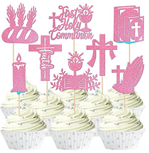 SYKYCTCY 24 Pack First Holy Communion Cupcake Toppers with Glitter Cross Bible Angel God Bless Cupcake Picks First Communion Baptism Religion Theme Birthday Party Cake Decorations Supplies Pink