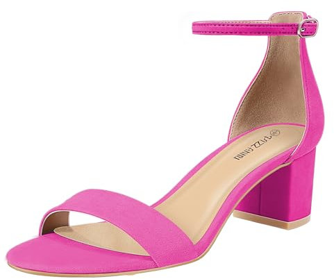 PIZZ ANNU Womens Sandals Mid Block Heel Ankle Strap Wedding Shoes for Bride Open Toe Ladies Sparkly Glitter Evening Party Hot Pink Suede Size 5