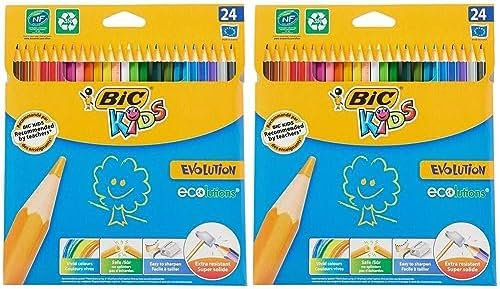 BIC Kids Buntstifte ECOlutions Evolution, zum Malen in 24 Farben, im Karton Etui, ab 5 Jahre, Bruchsichere Mine & ohne Holz, 24 Stück (2er Pack)