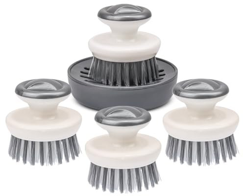 Dish Brush with Handle, Dishwashing Dishes Scrubbers Brush, Kitchen Heavy Duty Scrub Scouring Pad Odor-Free Handheld Scrubbing Cleaner Brush with Tray Suitable for Cleaning Sink, Pot, Pan 5 Pack Grey