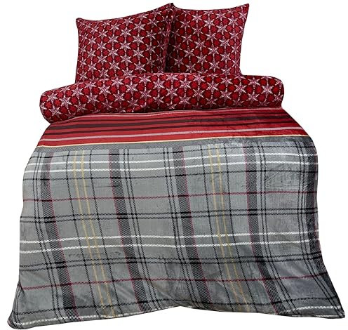one-home Winter Bettwäsche Teddy Plüsch Nicki Flauschig Kuschelig Warm Weich Soft Fleece, Größe:4 teilig 155x220 cm, Farbe:Schneeflocken Kariert rot grau