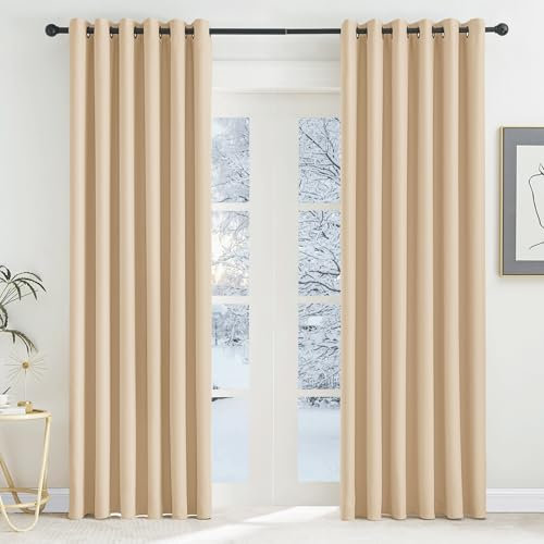 KGORGE Schlafzimmer Gardinen für Große Fenster 2-Set 220 x 200 cm(HxB) Thermovorhang Hitzeschutz Verdunklungsvorhänge Wohnzimmer Übergardinen mit Ösen, Biscotti Beige