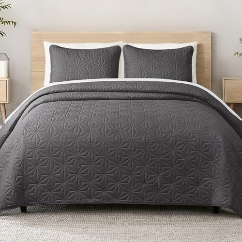 Whale Flotilla Couvre-Lit 240x260 cm avec 2 Taies d'oreiller | Dessus de Lit Matelassé, Doux, Léger, avec Motif Géométrique, pour 4 saisons, Gris