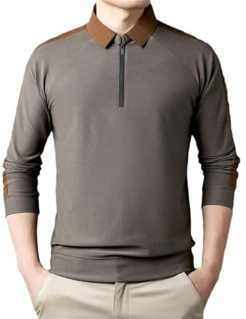 Rfmfkkg Polo da uomo a maniche lunghe con cerniera, casual, per la primavera e l'autunno, grigio, L