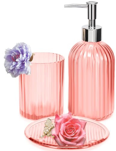 JUPELI Lot de 3 accessoires de salle de bain en verre moderne avec distributeur de savon, porte-savon, gobelet à brosse à dents, accessoires de salle de bain pour salle de bain, lavabo (rose)