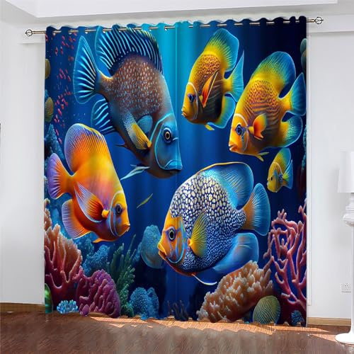 MLUNKQAIL Blickdichte Verdunklungsvorhänge Feenfisch Schlafzimmer Kinderzimmer Vorhänge Meerestiere Blickdichte Gardinen Wohnzimmer 2Er Set 100X160cm (BxH)