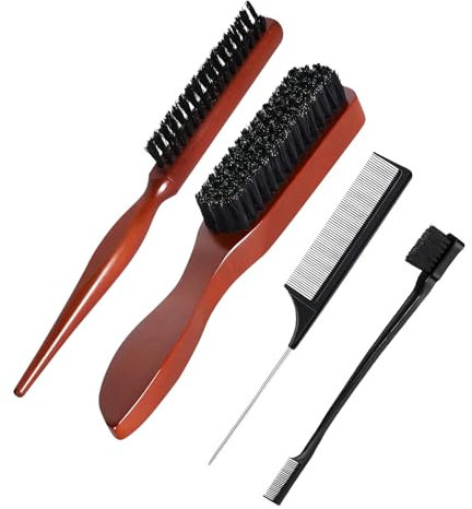 4 Pcs Slick Back Hair Brush, Slick Brush with Plastic Comb and Eyebrow Brush, Smoothing Hair Brush, for Styling, Teasing & Beard Grooming on Thick, Curly, Dry or Damaged Hair