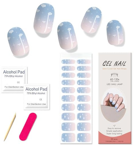 Boloshine 20 Pcs UV Nagelfolien Nail Wraps Selbstklebende Nagelfolie Gel Strips, Halbgehärtete UV Gel Nagelsticker, Gelnägel zum Aufkleben Gellack Wraps für Frauen Mädchen, Abenddämmerungs-Wolkenmeer