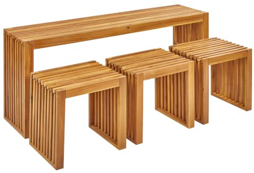 Gartentisch Set 3-Sitzer Akazienholz Hellbraun 1 Tisch und 3 Hocker Bellano