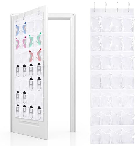 QUMENEY 28 grandi tasche sopra la porta, organizer per scarpe da appendere, porta scarpe, pieghevole, trasparente, tessuto non tessuto traspirante con 4 ganci per armadi da cucina
