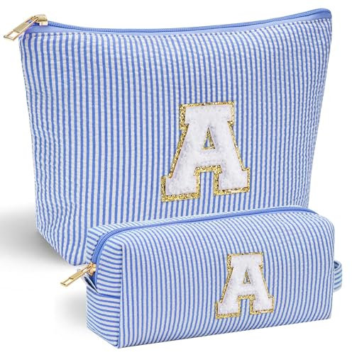 Parima Lot de 2 trousses de maquillage pour femme et fille - Trousse de maquillage - Lettres personnalisées - Cadeau d'anniversaire pour femme et fille, bleu, A
