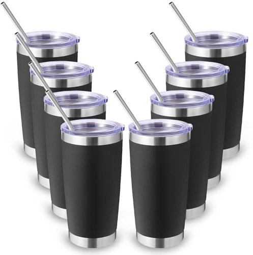 Volhoply 20oz 550ml Travel Insulated Tumbler with Lid and Straw Bulk 8 Pack, Double Wall Stainless Steel Coffee Mug Fits Cup Holder,Powder Coated Cups for Hot & Cold Drinks, BPA Free(Black,8 Set)