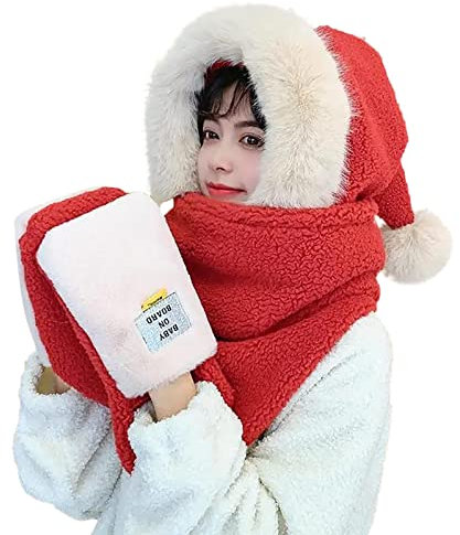 Rotes Halstuch Sommerschal Damen DüNn Schal Damen Weihnachtsfrauen-Woll-Drei-in-Eins-Kapuzenmütze mit Ohrenklappe und langem Schal-Handschuhe-Set Schal Damen GrüN Schal Schwarz Damen (Red, One Size)
