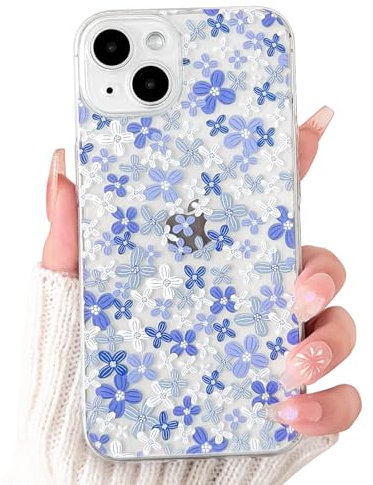 NITITOP Compatible with iPhone 14 Plus Case Cute Clear Flower Floral Pattern Design for Women Girls Slim Soft TPU Shockproof Protective Girly Phone Cover - Blue