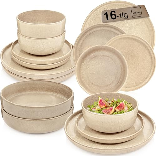 SÄNGER Kairo Mocha | Tafelservice 16 teilig, Steingut Geschirr Set 4 Personen, 4x Speiseteller 4x Dessertteller 4x Schalen 4x Pastaschalen Geschirrset & Schale Beige, Teller Set | VALUE COLLECTION