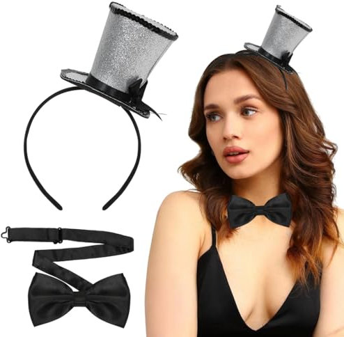 Haarreif mit Zylinder, Silber Mini Zylinder Haarreif und Schwarz Fliege, Haarreif mit Silber Pailletten Hut, für Abschlussball, Party, Karneval, Halloween