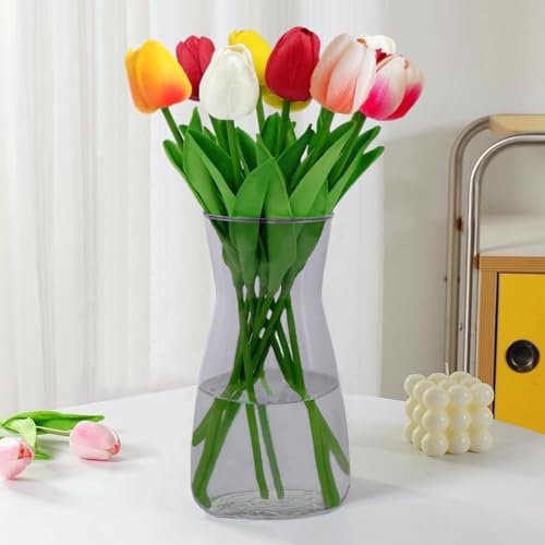 Glasvasen für Blumen, 20,1 cm hoch, moderne kristallklare Glasvase für Tafelaufsatz, Heimdekoration, dekorative Vase für Tisch/Eingang/Regal/Kaminsims, Geburtstag, Hochzeit, Einweihungsgeschenk, Grau