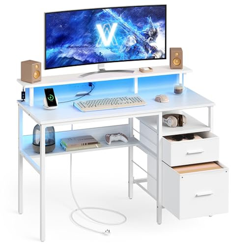 VASAGLE Computer Desk with Fabric Drawers, Study Desk with Monitor Stand, LED Lighting, 55 x 120 x 90 cm, Built-in Power Outlets, 2 USB-A Ports, for Home Office, Maple White LWD093W02