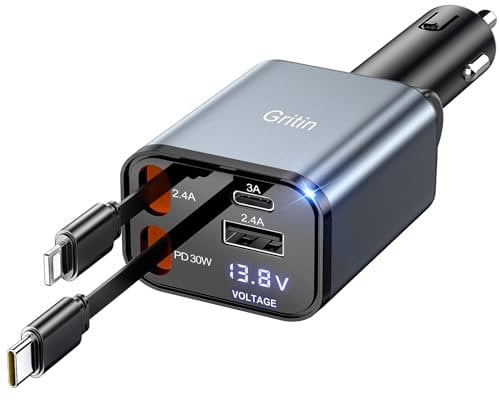 Gritin 4 in 1 Zigarettenanzünder USB C 69W Auto Ladegerät Adapter Kfz, Camping Wohnmobil Auto Zubehör, Travel Essentials mit Spannungsanzeige, Car Accessoires für iPhone 16 Pro Max Plus & Galaxy