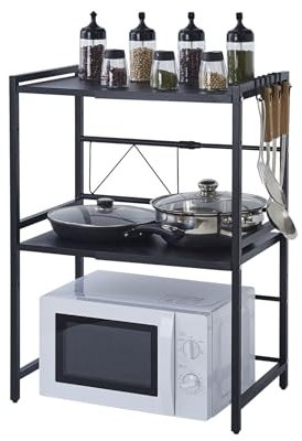 ZZINOKE 3-Stufiger Mikrowellenregal, Mikrowellenständer mit 6 Haken, Höhen- und Längenverstellbares Küchenarbeitsplattenregal, Stabiles Küchenregal, 40-60×35×79cm, Schwarz