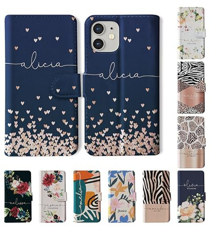 Tirita Personalised Wallet Phone Case for iPhone 16 Plus With Card Holder – Leather Flip Case or Cover With Custom Name – Cute Personalised Gift for Women [06. Rose Gold Hearts]