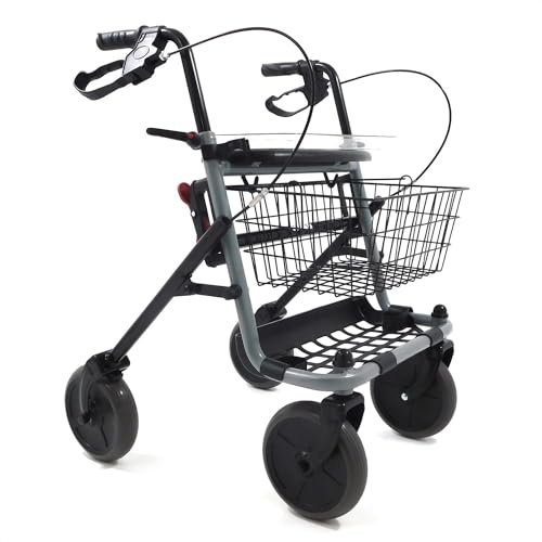 Deambulatore Girello per Anziani e Disabili Pieghevole e Regolabile con 4 Ruote, Rollator con Freni di Stazionamento, Seduta e Cestino per esterni e interni, Alluminio