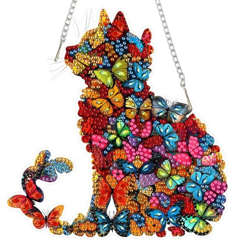 DOMROM Katze Diamond Art Painting Anhänger, Schmetterling Diamond Painting Fensterbilder anhänger, Diamond Painting Hängende Ornament Kinder Erwachsene Diamant Malerei Basteln Tür Wand Fenster Deko