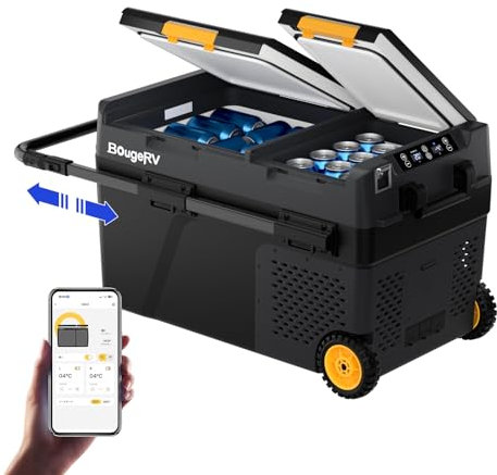 BougeRV CRD2 40L Nevera Portátil Doble Puerta Dos Zonas con Ruedas Congelador Refrigerador Compresor 12/24V 220V Nevera para Coche Camping Viaje Barco Camión App Control -20 a 20 °C (Asa de Aluminio)