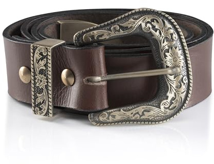 Angus Stoke Westerngürtel Jayden aus echtem Büffelleder – Handgefertigter Cowboy Ledergürtel für Damen und Herren – Vintage Gürtel mit Metallschnalle (Braun, Bundweite 90 (46-48))