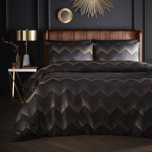 Laurence Llewelyn-Bowen Duvet Cover Set, 96% Polyester 4% Metallic Polyester, Double 200x200cm, Black, Jacquard Chevron, Button Closure, 2 Pillowcases