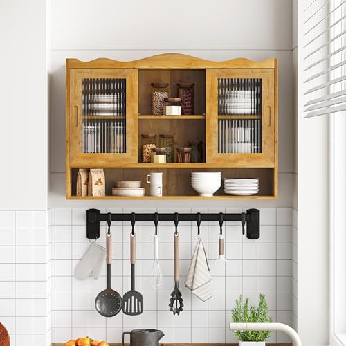 Jiasheng 90 cm Retro Hängeschrank mit Schiebetüren, Wandschrank mit 3 Ebenen Stauraum aus Massivholz und Glas, Badezimmer Küchen oder Esszimmer Aufbewahrungsschrank Wandmontiert, Natur