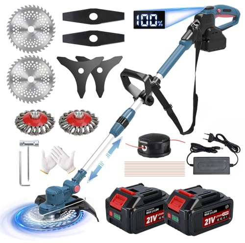 Desbrozadora Bateria 21V, Desbrozadora Electrica con 2 x 4.0Ah Baterías, Cortacesped Electrico 5 En 1 Cortabordes Bateria con Cepillo de Malas Hierbas, Motor sin Escobillas, Pantalla LED, Azul