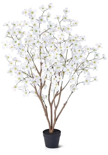 VeriNatural Artificial Plants Indoor Tree - 120 cm Tall Faux Dogwood Tree with 192 Silk Flowers, UV Resistant Plastic Pot - Home Decor for Living Room, Garden, Office, House, VN230
