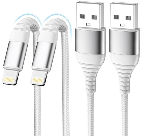 LumFocus iPhone Ladekabel, Lightning Kabel [2Pack 1M+2M] iPhone Schnellladekabel MFi Zertifiziert, Nylon Fast USB Ladekabel für iPhone 14 13 12 11 Pro Max XS Max XR X 8 7 6 6s Plus SE, iPad Air(Weiß)