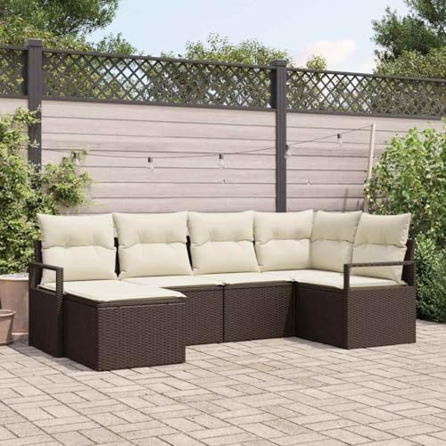 QUAHEAS Garten Sofa Set 6-teilig, Braun Poly-Rattan, Modulares Outdoor Loungeset, Witterungsbeständige Terrassenmöbel mit Kissen