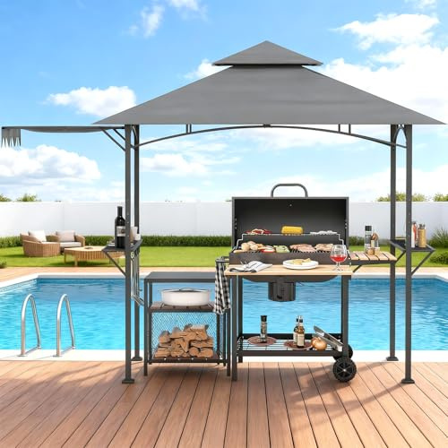 Verdego Grillpavillon 315x151x250cm, Grill Pavillon mit Seitenmarkise, Doppeldach, Seitenablage, Haken, Grillüberdachungen Wetterfest Winterfest Flammhemmend, Grillunterstand für Außenbereich(Grau)