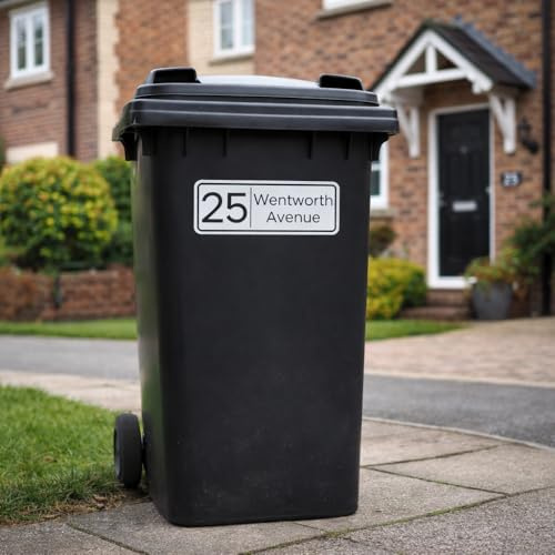 Personalised Wheelie Bin Stickers with House Number & Street Name, Custom Waterproof Vinyl Address Labels for Rubbish, Recycling & Garden Bins, Large Outdoor Bin Decals 280 x 125 mm (4x Stickers)