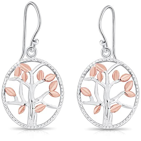 DTPsilver® Boucles d'oreilles en Argent Fin 925 et Plaqué Or Rose - Arbre de Vie Ajouré - Longueur: Dimension: 33 mm - Diamètre: 16 mm
