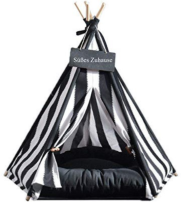 Sport Tent Haustier Hause Hunde Tipi Zelt mit Spitze für Hunde Welpen Katzen, Hundebett Katzenbett Hundehaus mit abnehmbarem und waschbarem Kissen, Schwarzweiss-Streifen (L (7-15KG), mit Kissen)