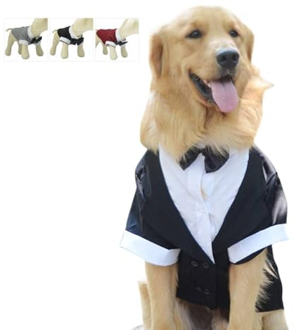 Lovelonglong Pet Costume Dog Suit Formal Tuxedo with Black Bow Tie for Large Dogs Golden Retriever Clothing L-XL+